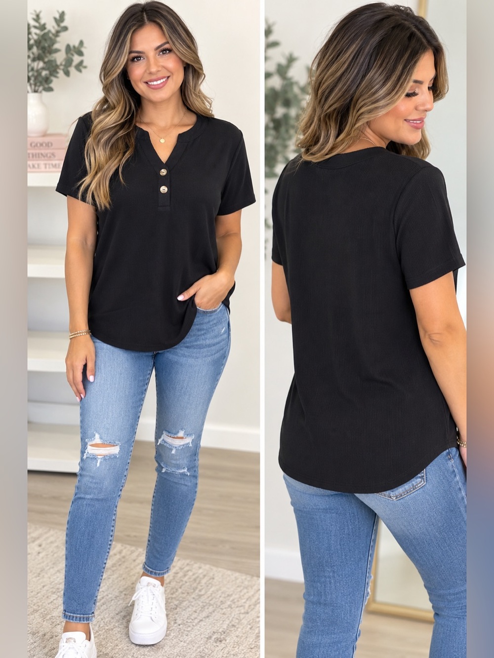 André by Unit- Black Ribbed Button Top